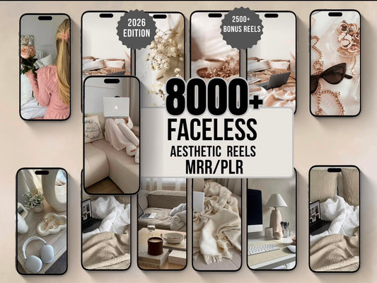 Promotional graphic for a digital product, showing multiple smartphone mockups displaying cozy lifestyle photo templates with text reading '8000+ FACELESS AESTHETIC REELS MRR/PLR' and '2026 EDITION' / '2500+ BONUS REELS'.