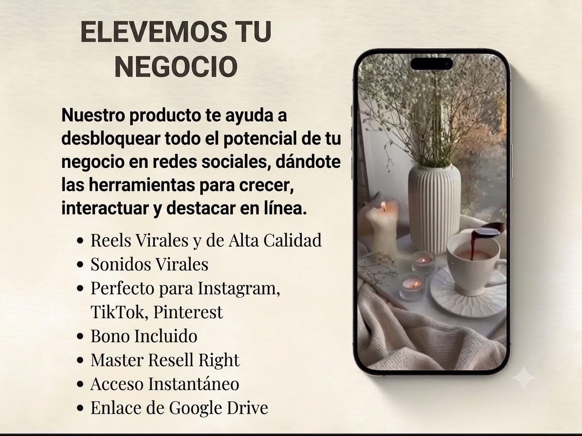 Spanish promotional graphic for a social media growth service or digital product, with text on the left and a smartphone mockup on the right showing a cozy tabletop scene. The phone screen displays a vase, candles, and cups.