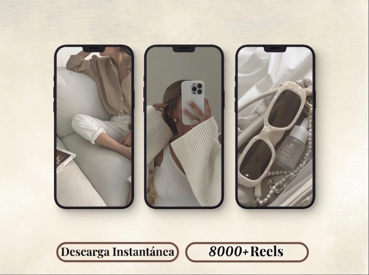 Three smartphone mockups display lifestyle-style photo templates with neutral indoor scenes, alongside Spanish text reading 'Descarga Instantánea' and '8000+ Reels' on a light beige background.